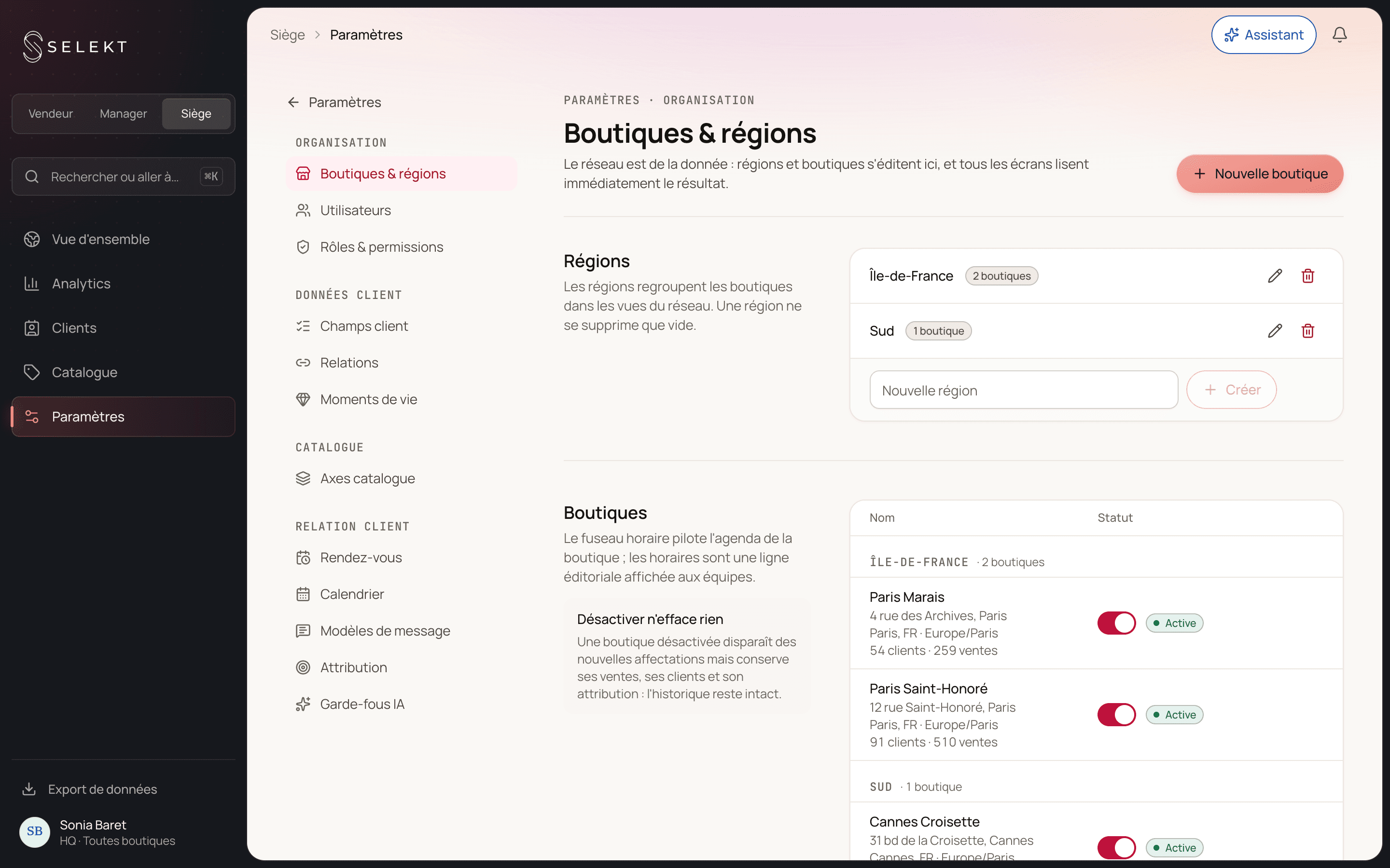 Selekt — paramétrage des boutiques du réseau