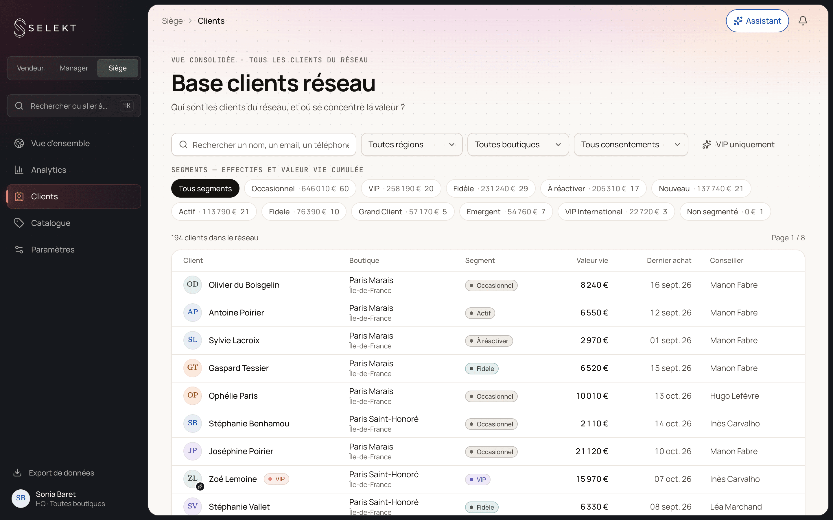 Selekt — base clients du réseau, référentiel unique