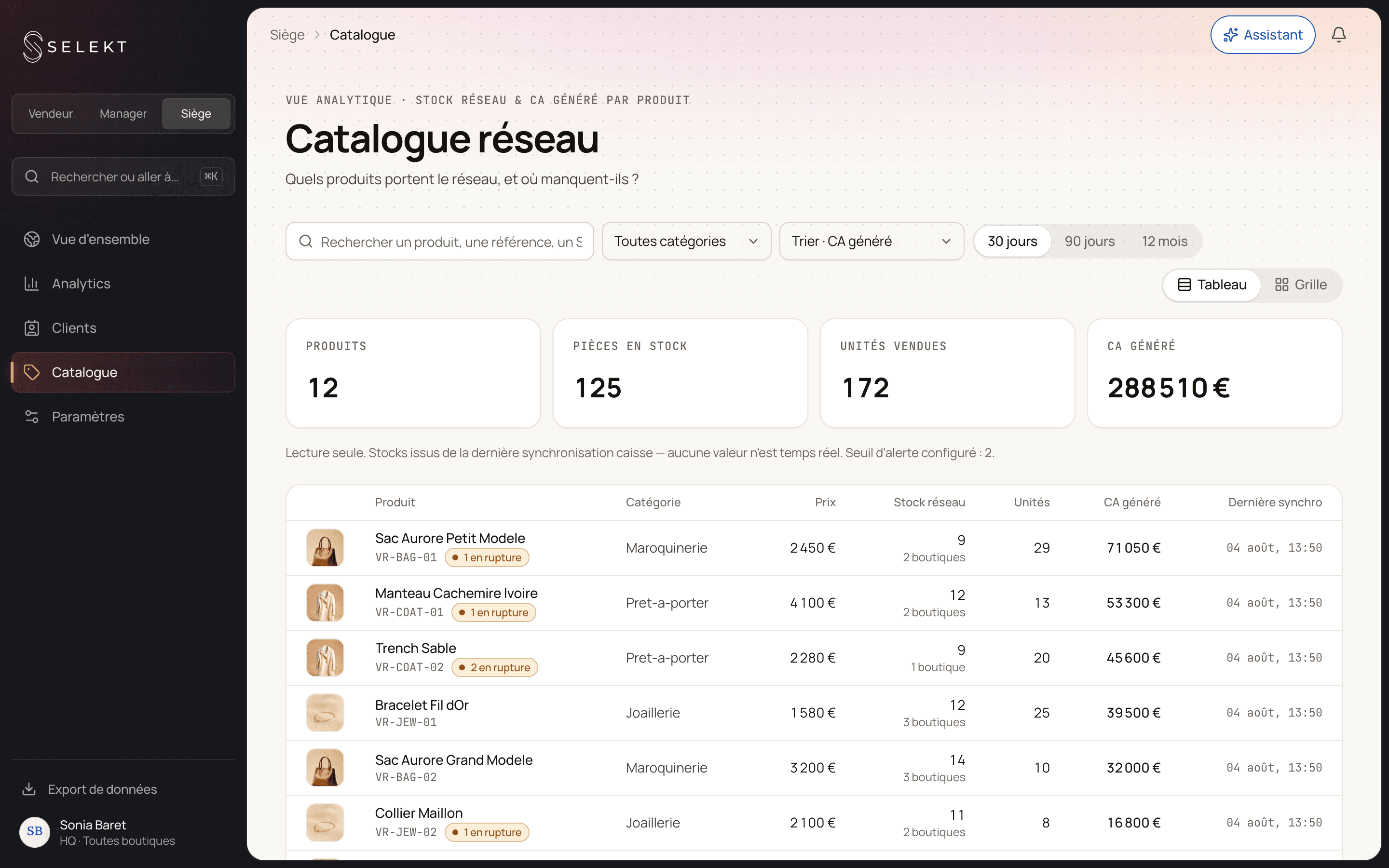 Selekt — catalogue réseau administré par le siège