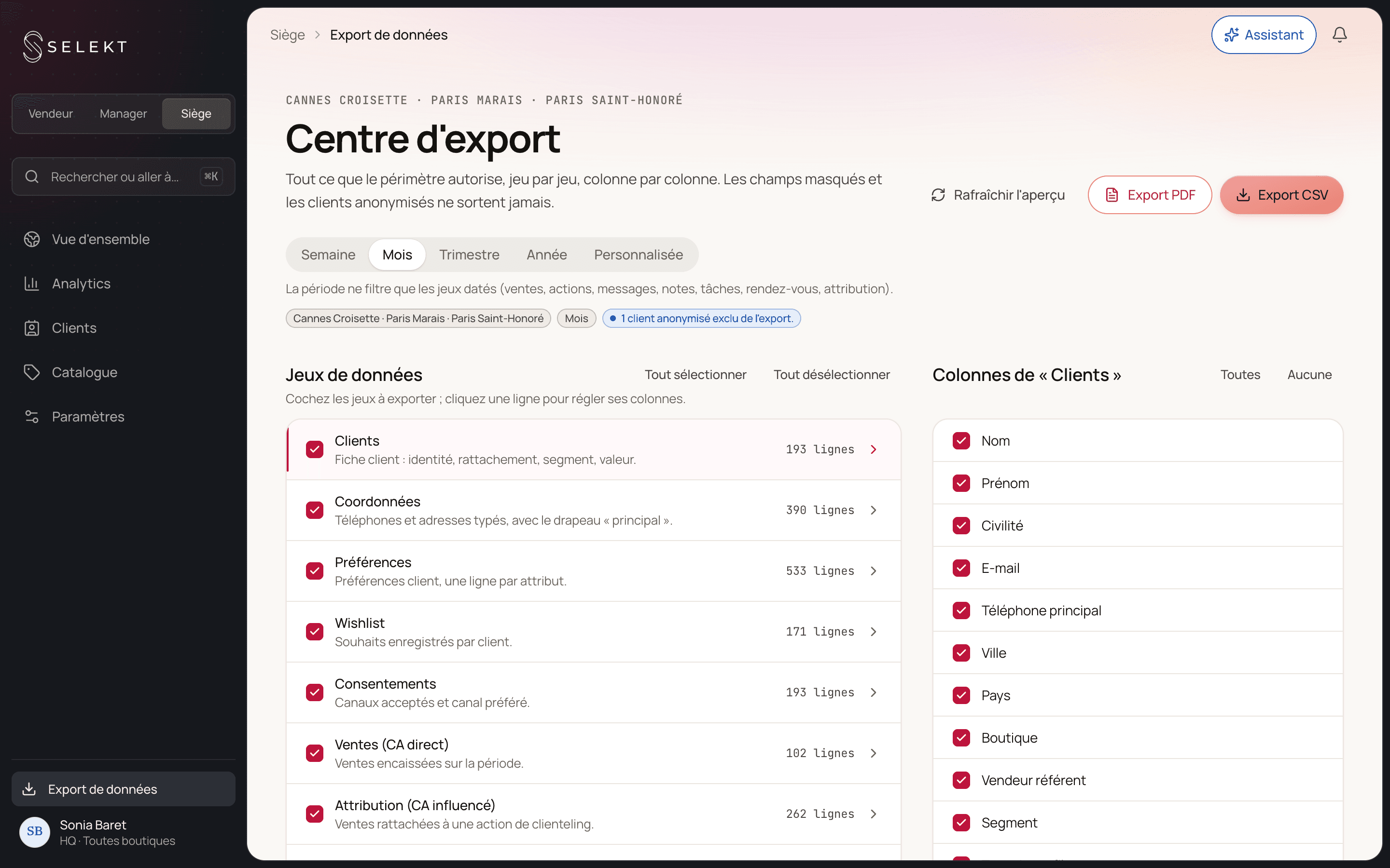 Selekt — exports et réconciliation des chiffres