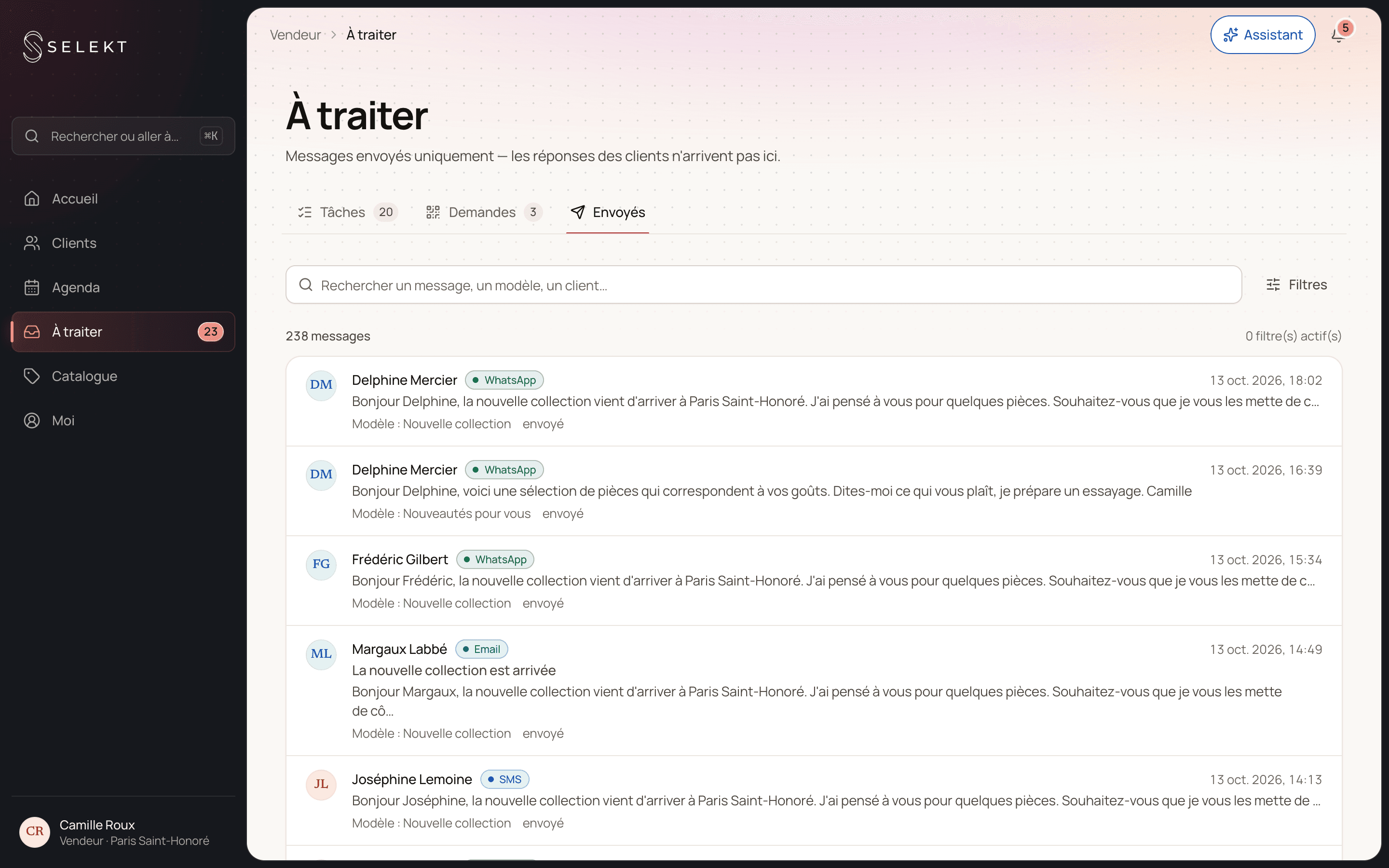 Selekt — messagerie du conseiller, conversations clients