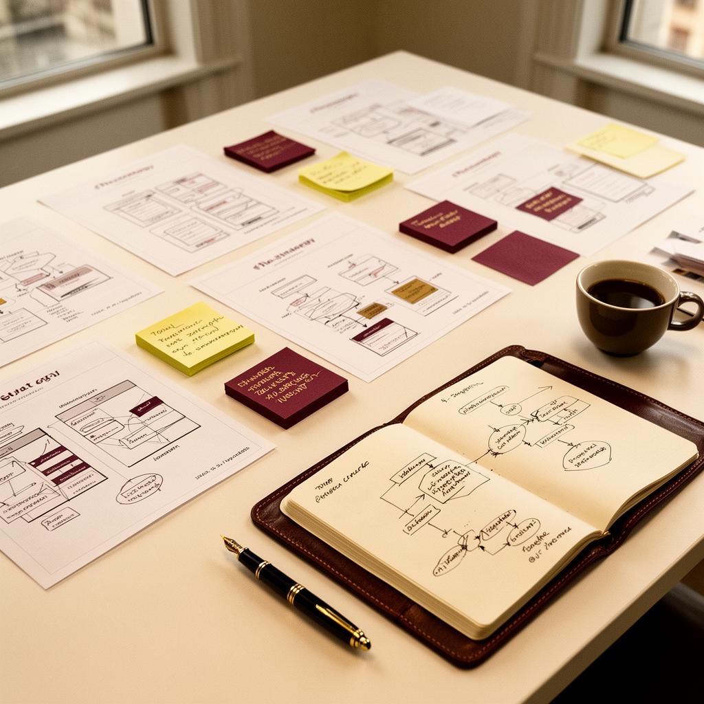 Table d'atelier avec wireframes imprimés, post-its bordeaux et carnet de cartographie de flux