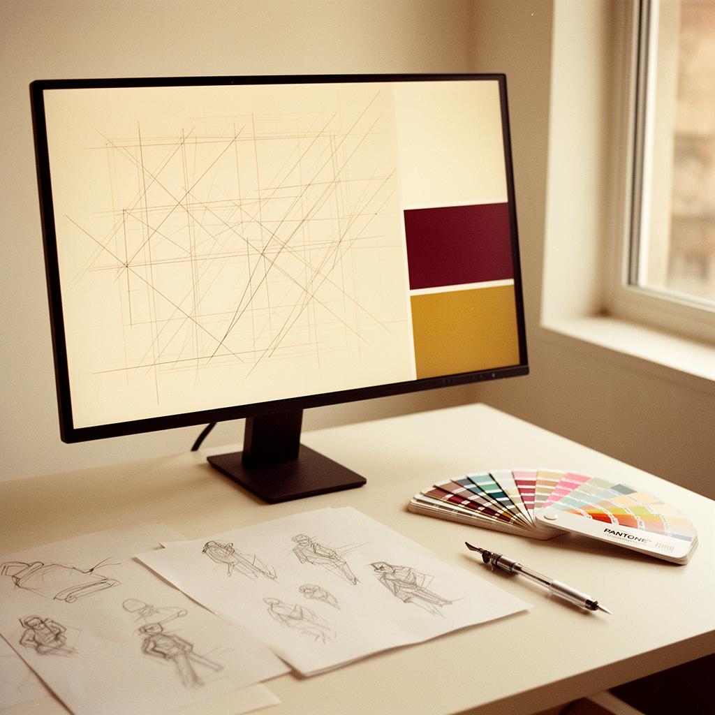 Atelier de design produit : écran avec wireframes, nuancier Pantone et croquis sur papier