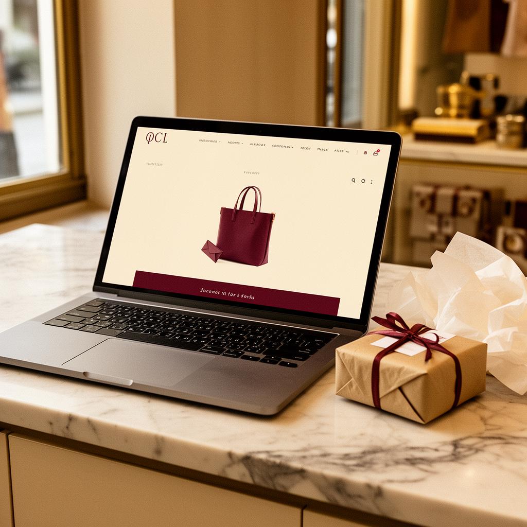 Ordinateur portable sur marbre affichant une fiche produit e-commerce, avec un colis emballé